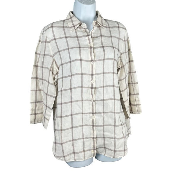 Lafayette 148 Linen Window Pane Plaid Button Down Blouse Top Medium - Picture 1 of 8